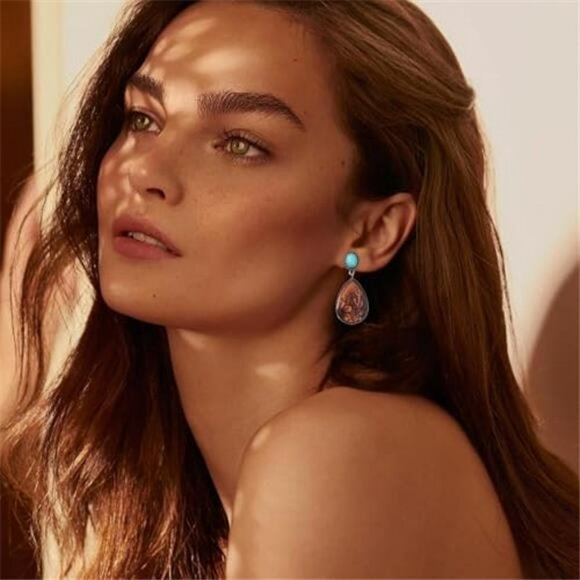 Western Earrings Outfit for Women Oval Silver Earrings Dangle Turquoise Western - Picture 2 of 8